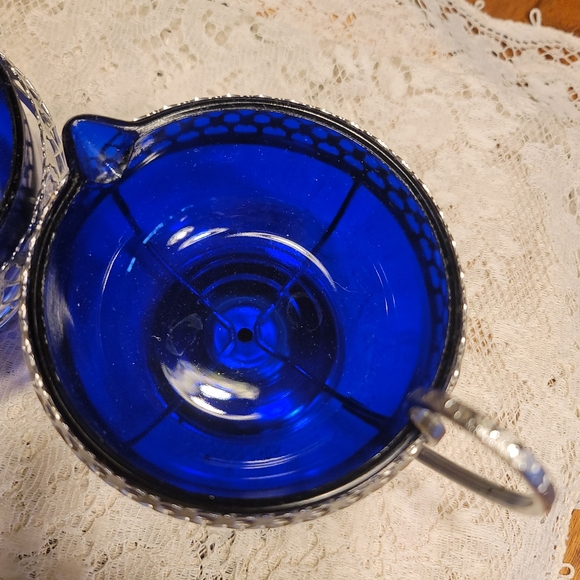 VTG Cobalt Blue Chromium Plated Sugar & Creamer with Glass Insert & Spoon - Picture 5 of 11